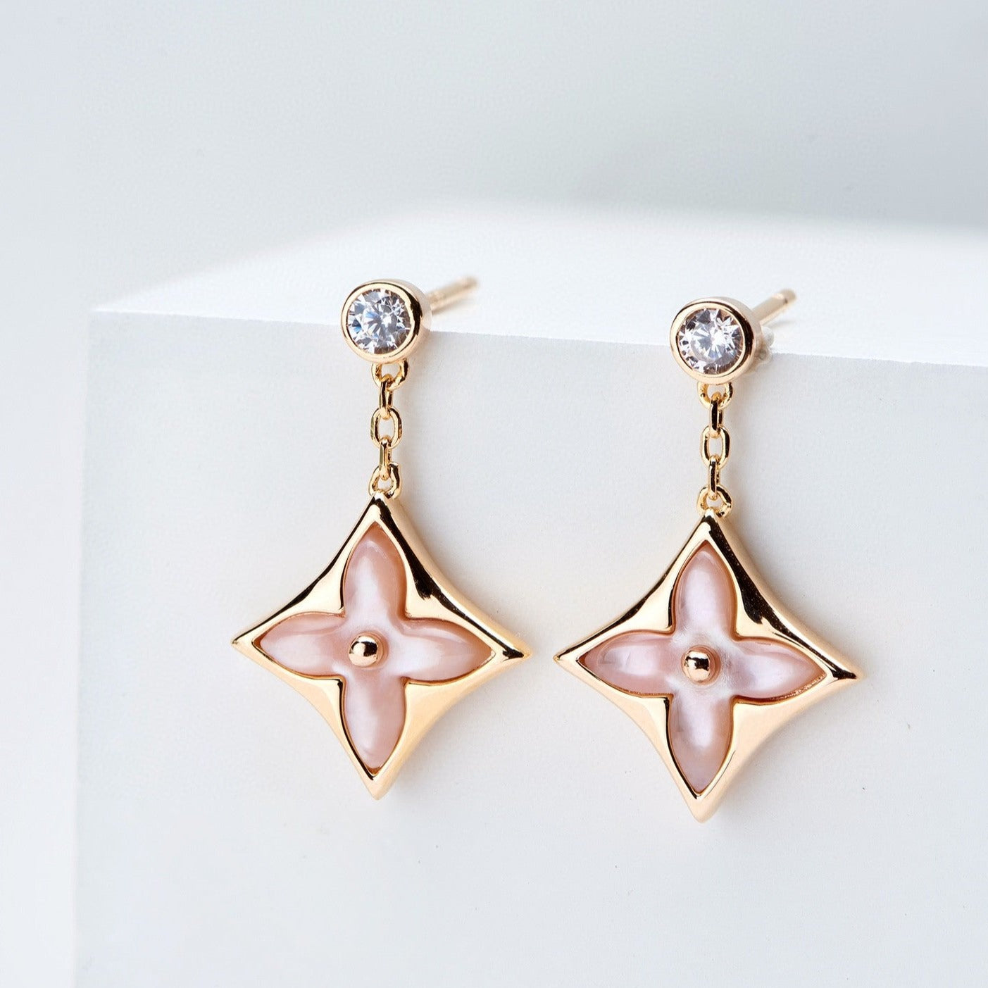 [Loran]DOUBLE STAR ROSE GOLD MOP DROP EARRINGS