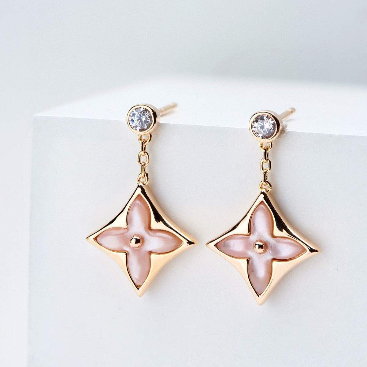 [Loran]DOUBLE STAR ROSE GOLD MOP DROP EARRINGS