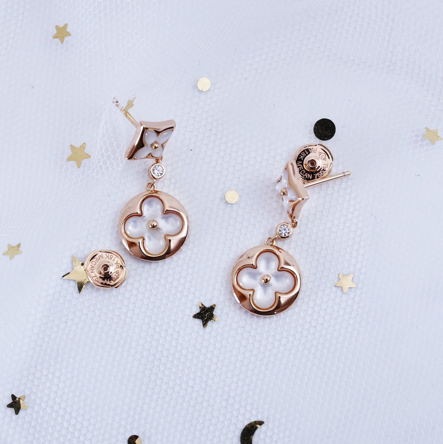 [Loran]STAR AND SUN ROSE GOLD MOP DROP EARRINGS