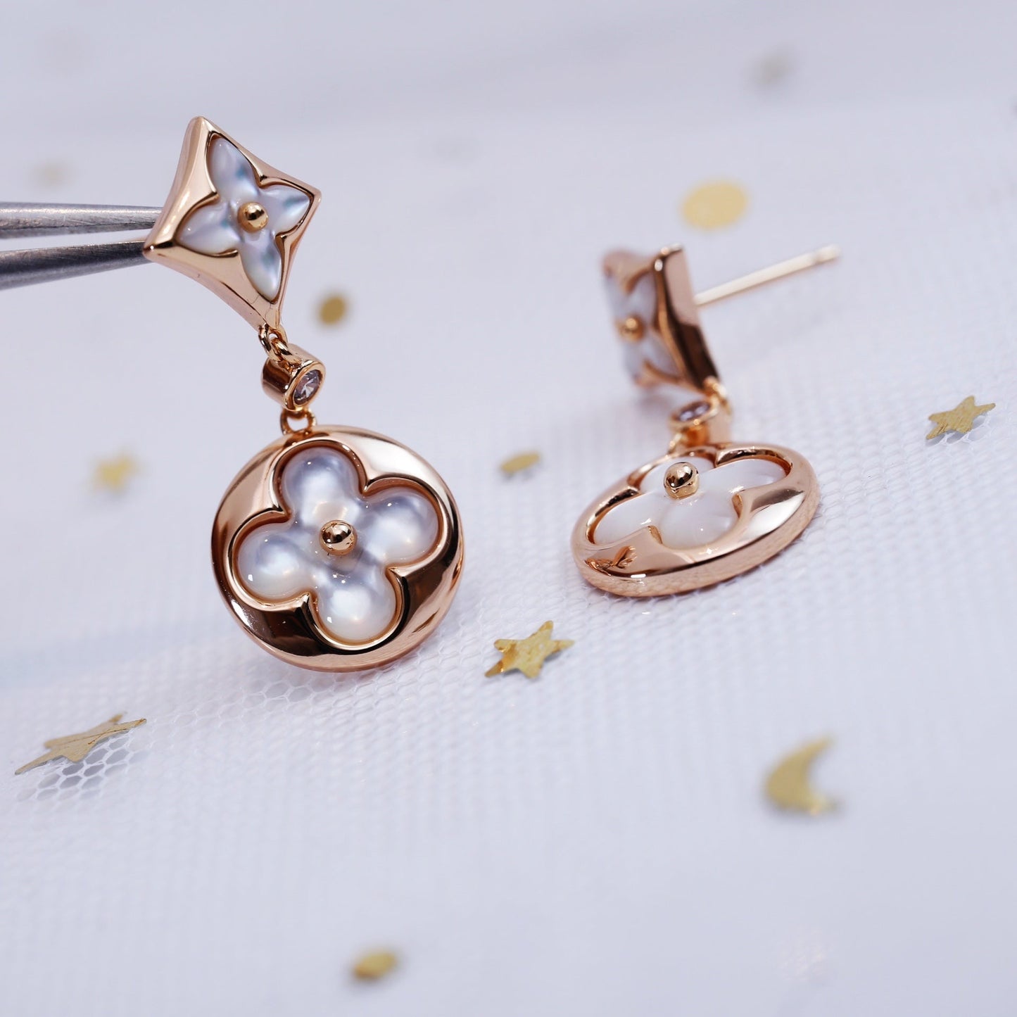 [Loran]STAR AND SUN ROSE GOLD MOP DROP EARRINGS