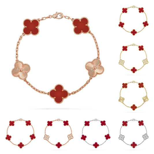 [Loran]LUCKY CLOVER 5-MOTIF BRACELET - RED CARNELIAN COLLECTION