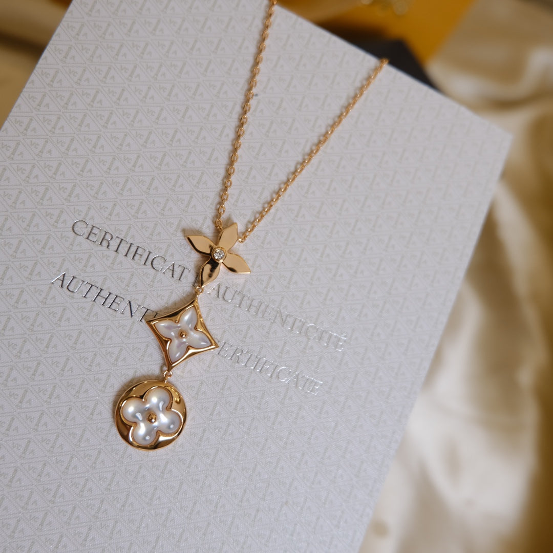 [Loran]COLOR BLOSSOM LARIAT NECKLACE ROSE GOLD WHITE MOTHER PEARL AND DIAMOND