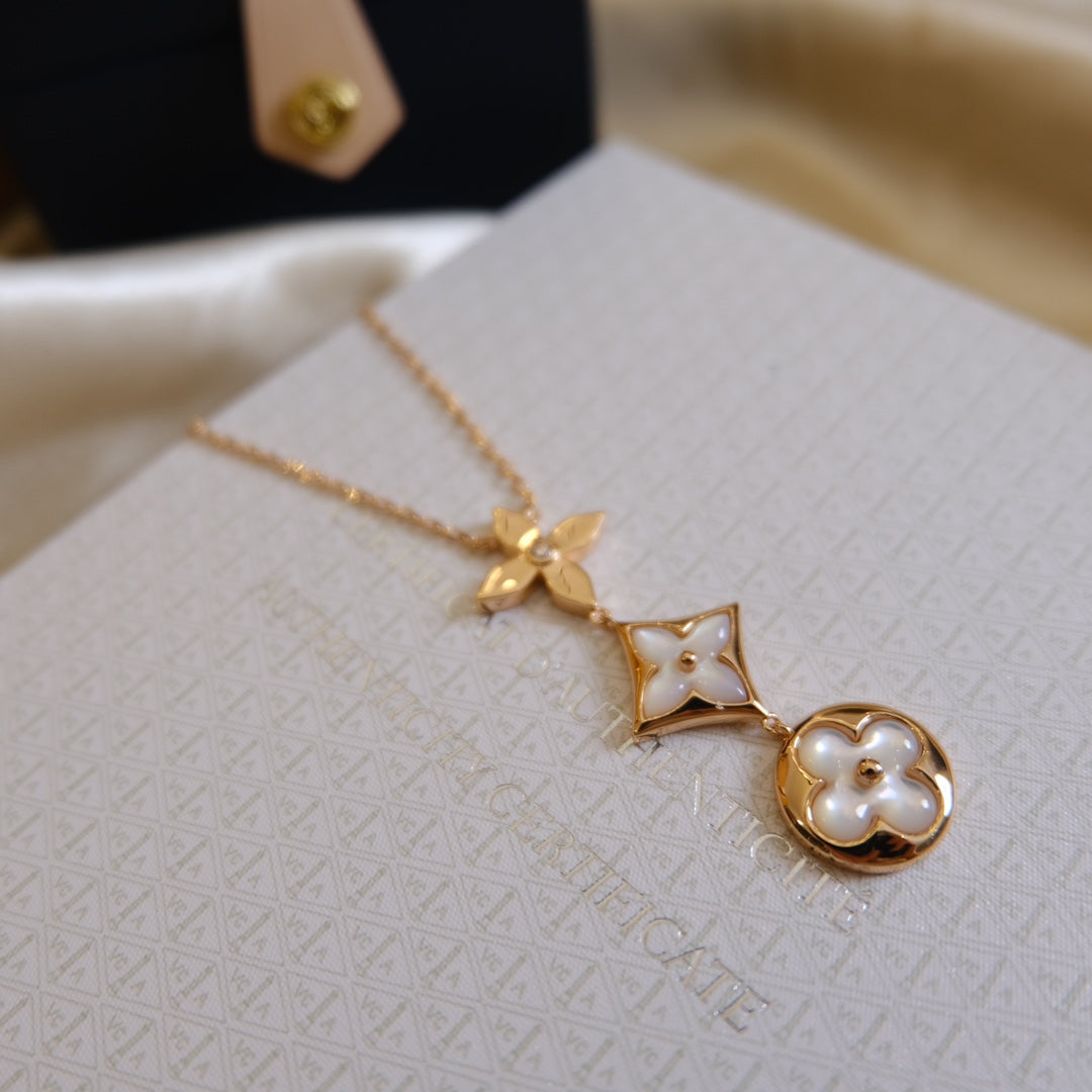 [Loran]COLOR BLOSSOM LARIAT NECKLACE ROSE GOLD WHITE MOTHER PEARL AND DIAMOND