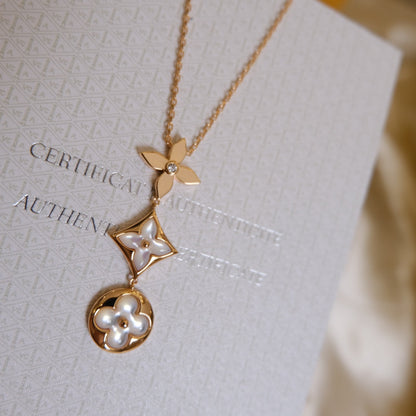 [Loran]COLOR BLOSSOM LARIAT NECKLACE ROSE GOLD WHITE MOTHER PEARL AND DIAMOND