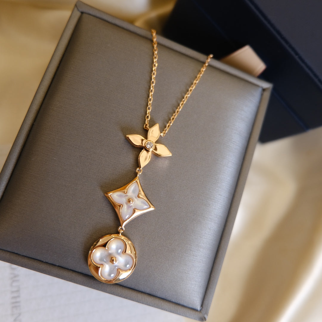 [Loran]COLOR BLOSSOM LARIAT NECKLACE ROSE GOLD WHITE MOTHER PEARL AND DIAMOND