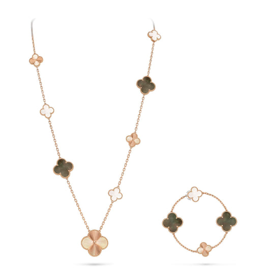 [Loran]DETACHABLE 15-MOTIF CLOVER STATEMENT SET - GREY MOTHER-OF-PEARL & LASER