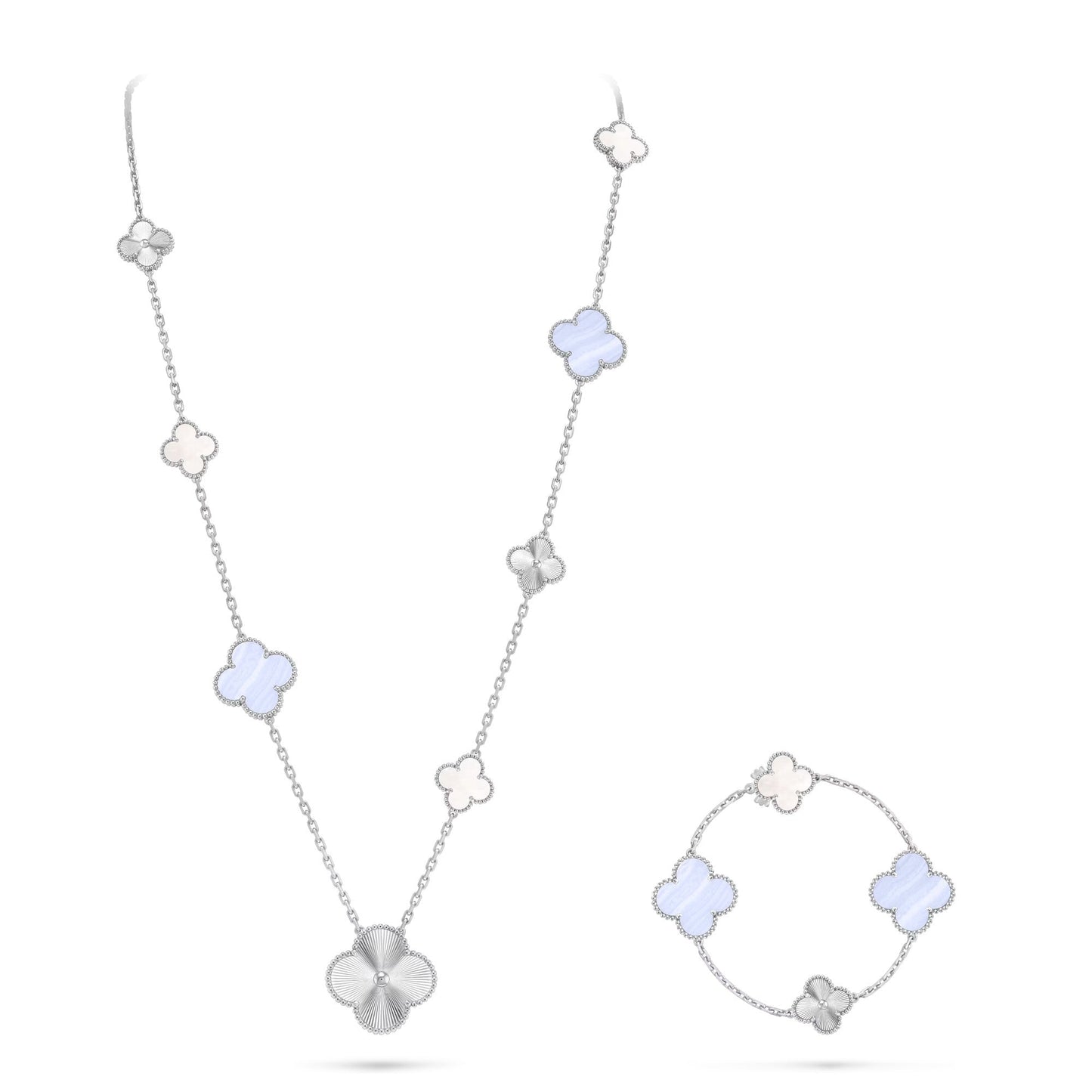 [Loran]DETACHABLE 15-MOTIF CLOVER STATEMENT SET - PURPLE CHALCEDONY & LASER