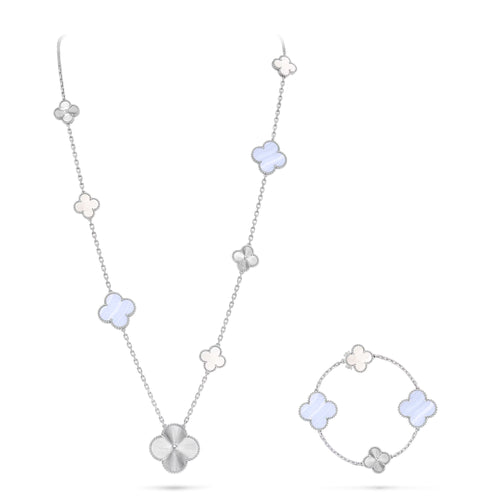 [Loran]DETACHABLE 15-MOTIF CLOVER STATEMENT SET - PURPLE CHALCEDONY & LASER